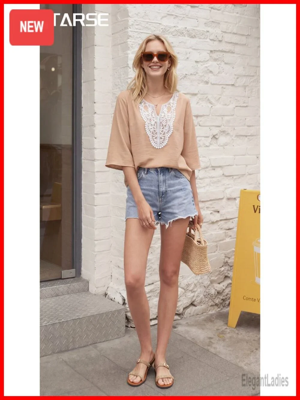 Linen Blend Boho Blouse 3/4 Sleeve V-Neck Casual Summer Top